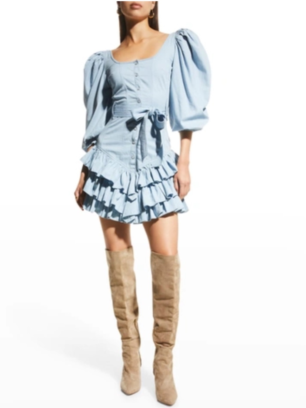 Love The Label Rosa Balloon Sleeve Chambray Mini Dress in Light Denim XS NWTS
